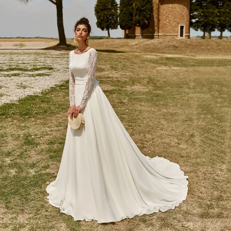 Eleganckie szyfonowe suknie ślubne dla panny młodej z długim rękawem O Neck Boho Bride suknie Backless koronkowe aplikacje Mariage 2022