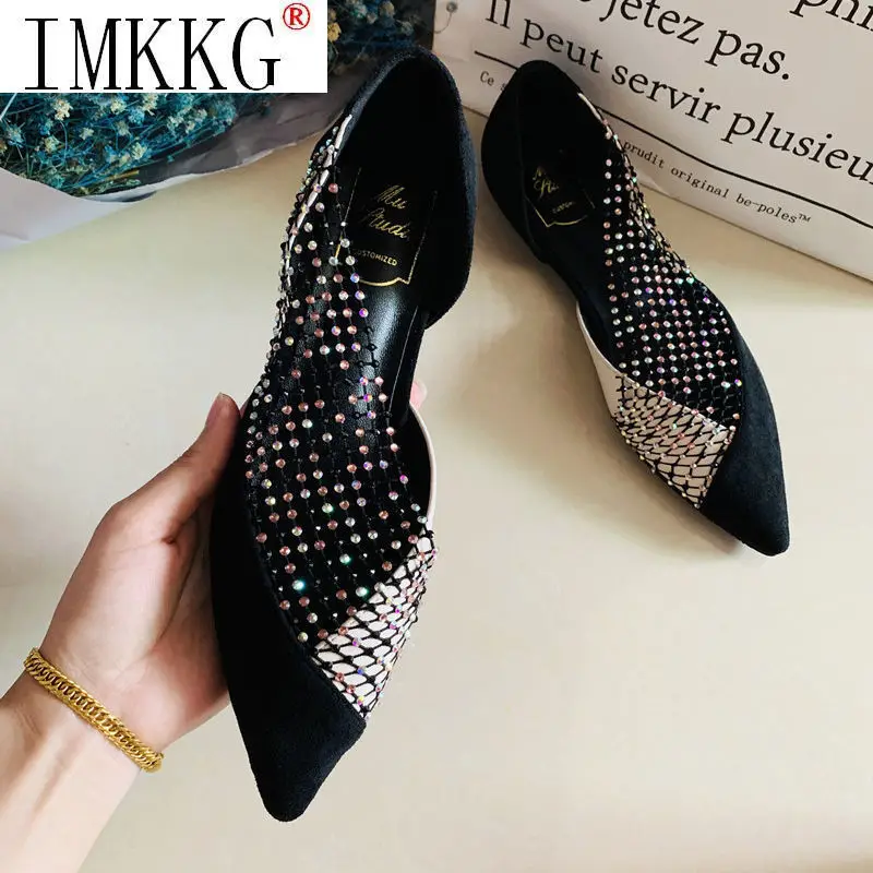 New Fashion Summer Women Sexy Hollow Out Flats Pointed Toe Crystal Comfortable Shoes Ladies Side Open Designer Casual Flat Shoes