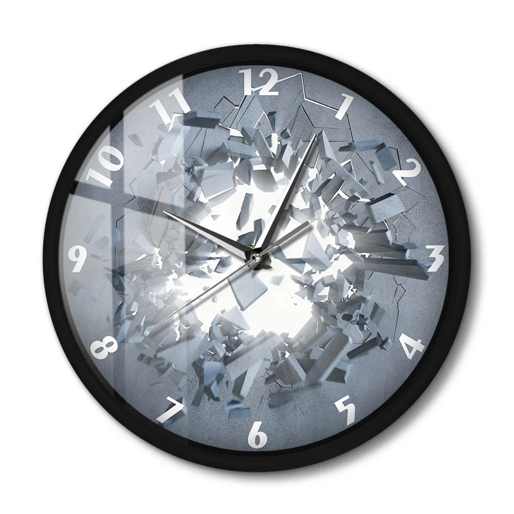 Cracked Wall Abstract 3D Wall Clock Modern Design Metal Frame Round Clock For Bedroom Voice Control Smart Wall Watch LED Light