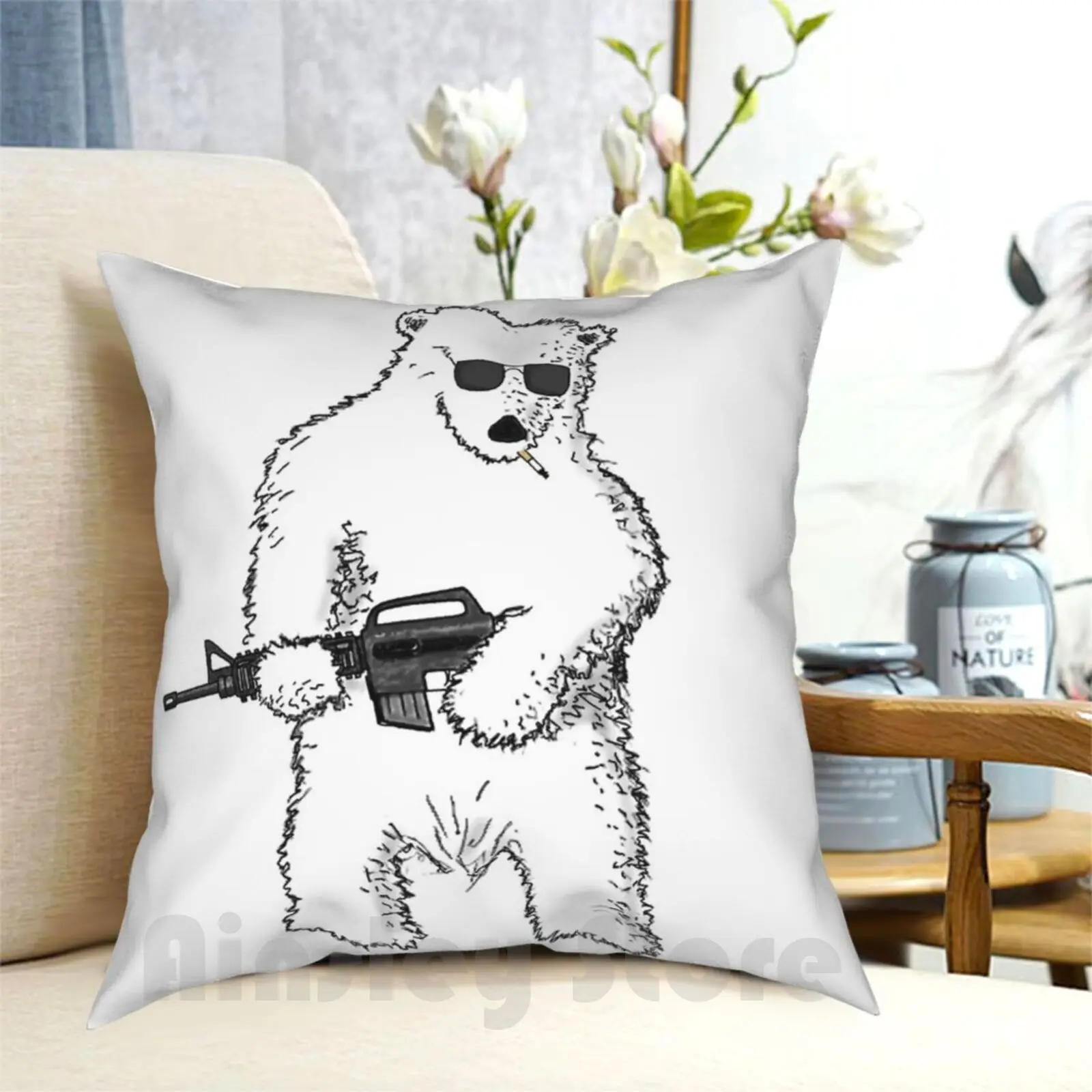 Rambear Pillow Case Printed Home Soft Throw Pillow Bear Arm Guns M16 Pop Polar Cartoon Cigarette America Merica