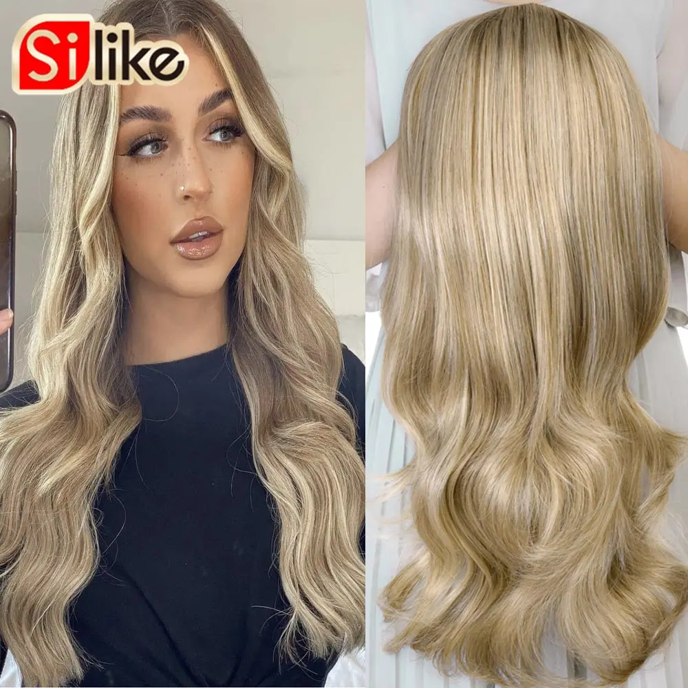 24 Inch Body Wave 3/4 Half Wig Long Synthetic Hair Extensions Ombre Blonde Capless Wigs Hair Clips Extension For Women 210g