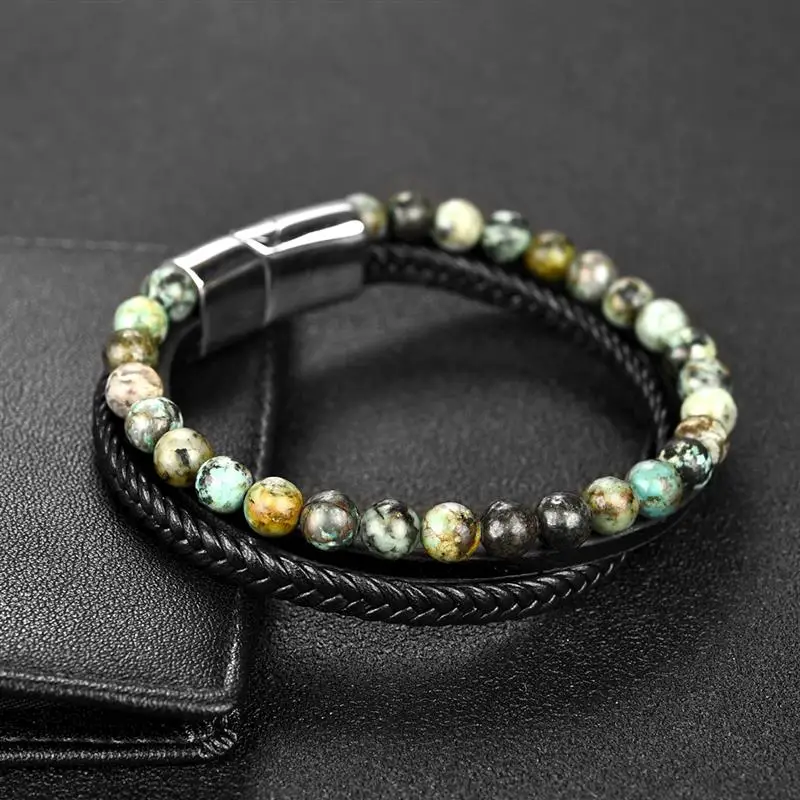 Jiayiqi Men\'s Bracelets Natural Stone Multilayer Leather Braided Bracelet Green Beads Bangle Vintage Male Jewelry Wristband Gift