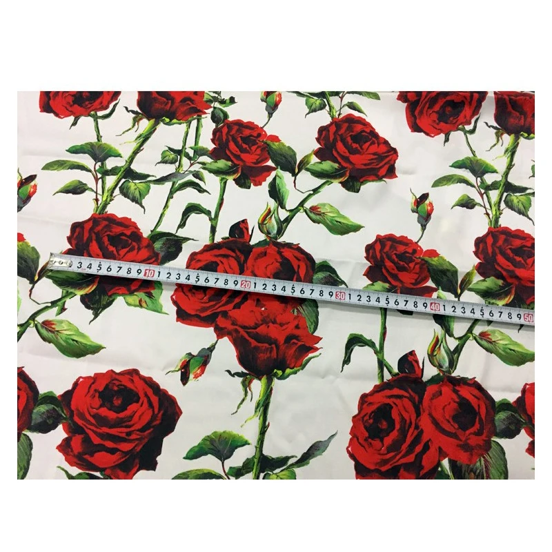 Rose Red Printing 100% Polyester Stretch Satin Fabric Fashion Women\'s Clothing Shirt Dress Chiffon Fabrics Cloth Per Meter