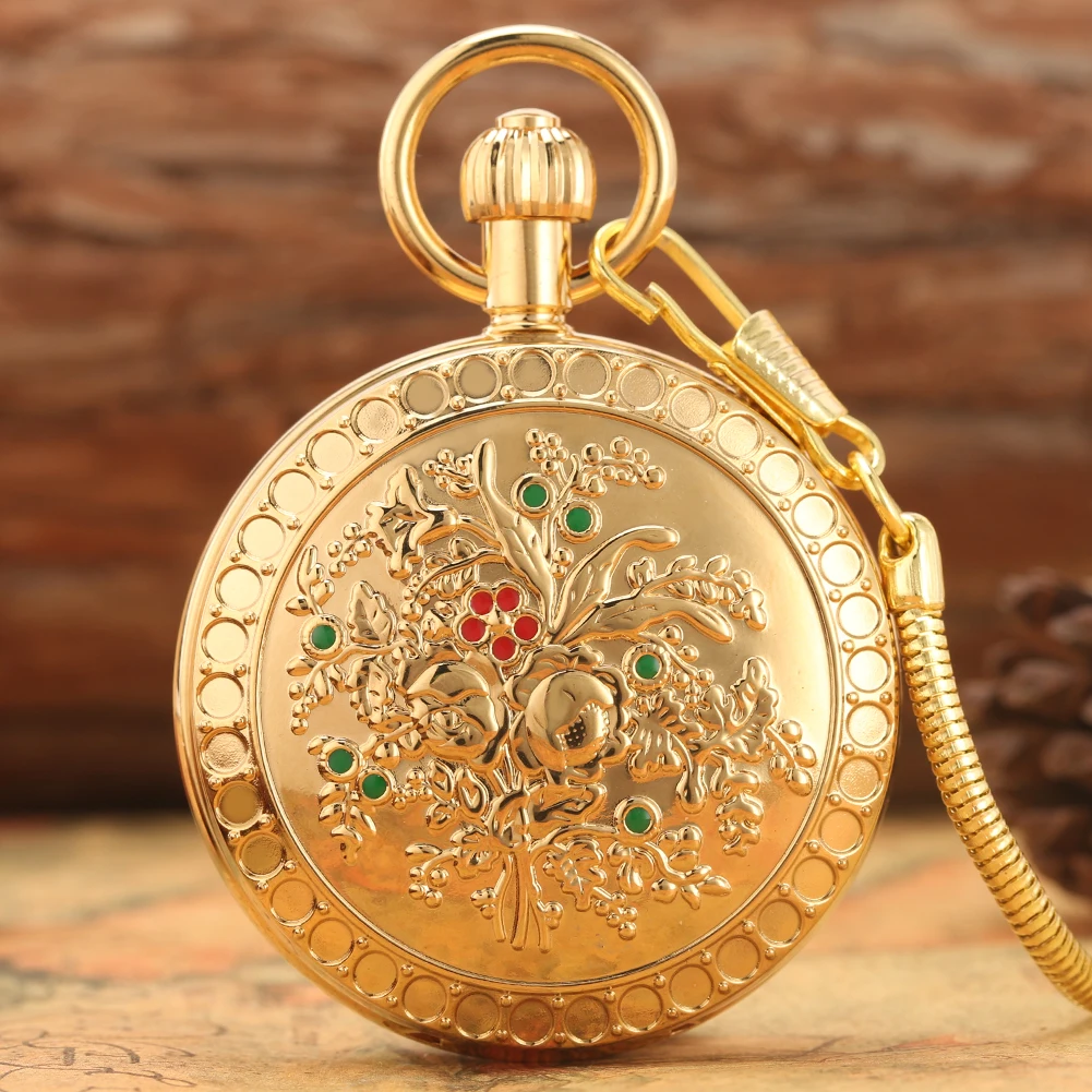 Relief Golden Pocket Watch Automatic Mechanical Movement Male Arabic Numeral Dial Alloy Pendant Pocket Watches Women Thick Chain