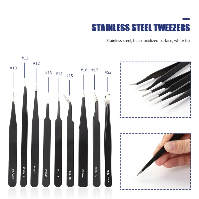 

9pcs ESD Curved Fine-Tip Anti-static Tweezers Set Stainless Steel Multifunction Tweezer for DIY Craft Card Making Repairing Tool