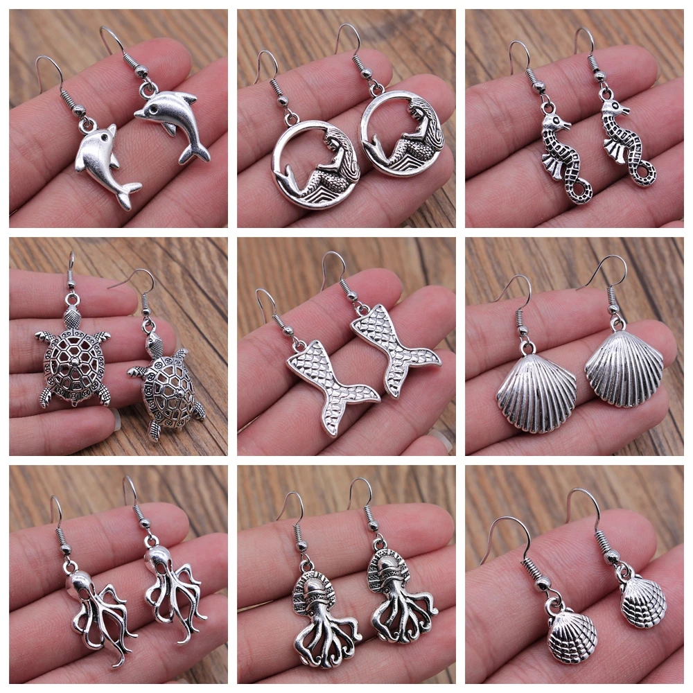 Sea Animal Marine Life Dangle Earring Vintage Shell Dolphin Octopus Squid Turtle Mermaid Shaped Earring For Women Summer Earring