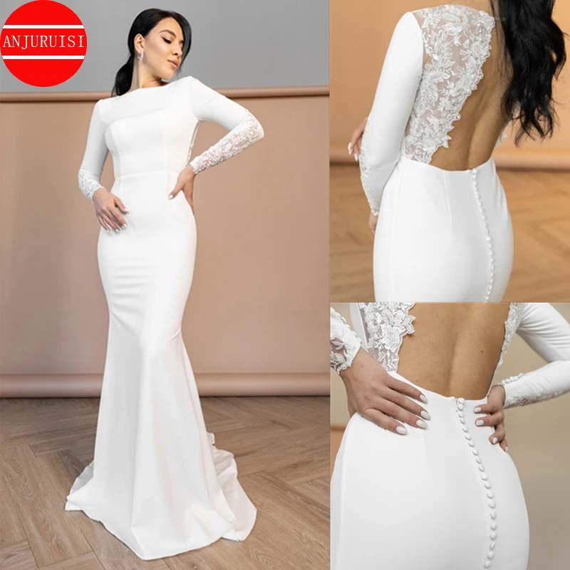 

Long Sleeves Wedding Dress Mermaid Vestido De Novia 2022 Sexy Lace Appliques Soft Satin Bride Gown Robe Mariage Boda Trouwjurk