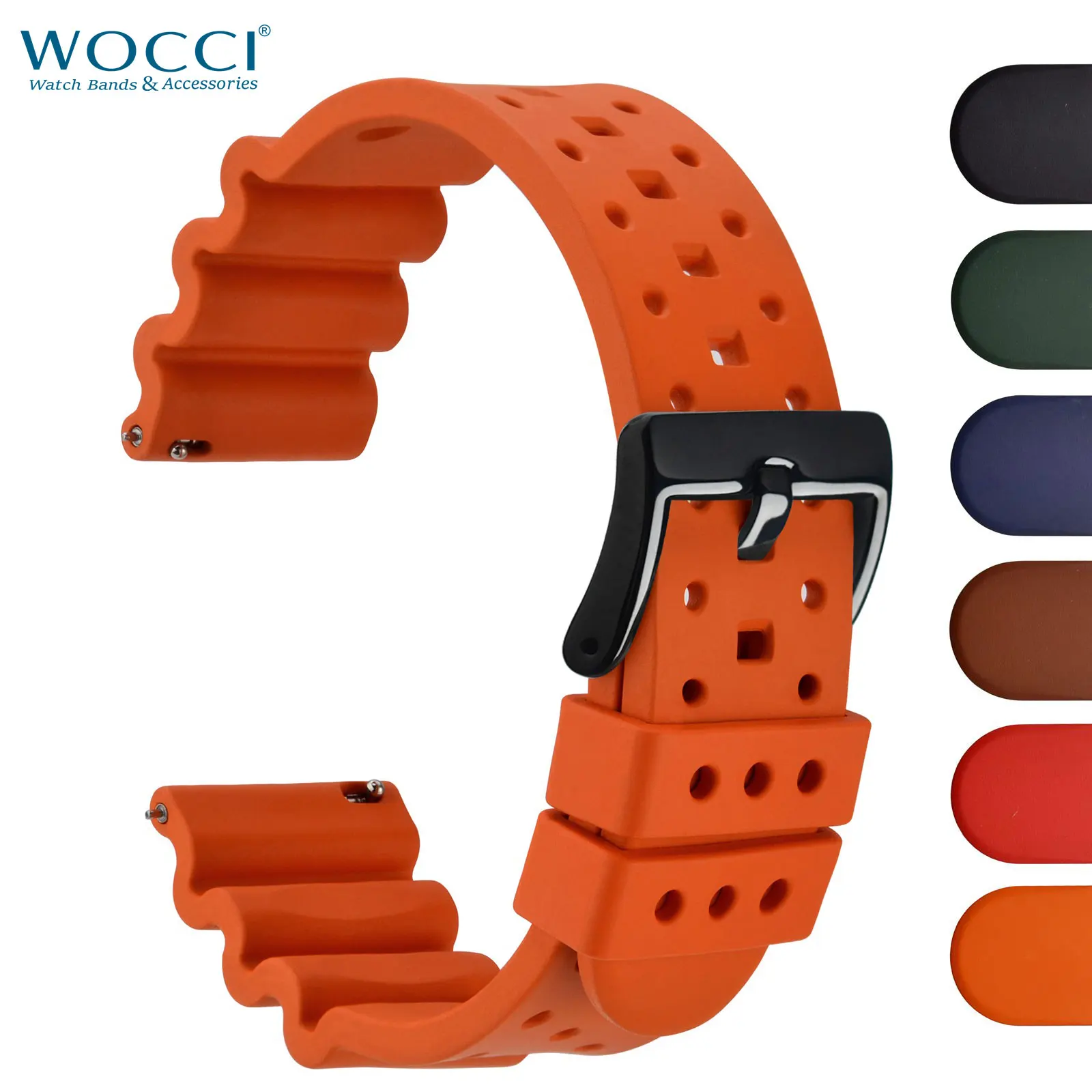 WOCCI Ventilated Fluororubber (FKM) Watch Bands with Breathable Porous, Quick Release, Stainless Steel Buckle, 20mm 22mm 24mm