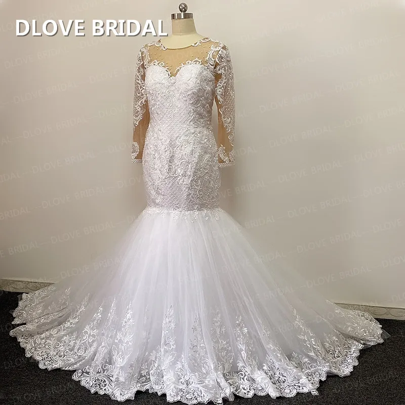 New Arrival Mermaid Wedding Dress Beaded Lace Bridal Gown with Long Sleeves Factory Real Photos