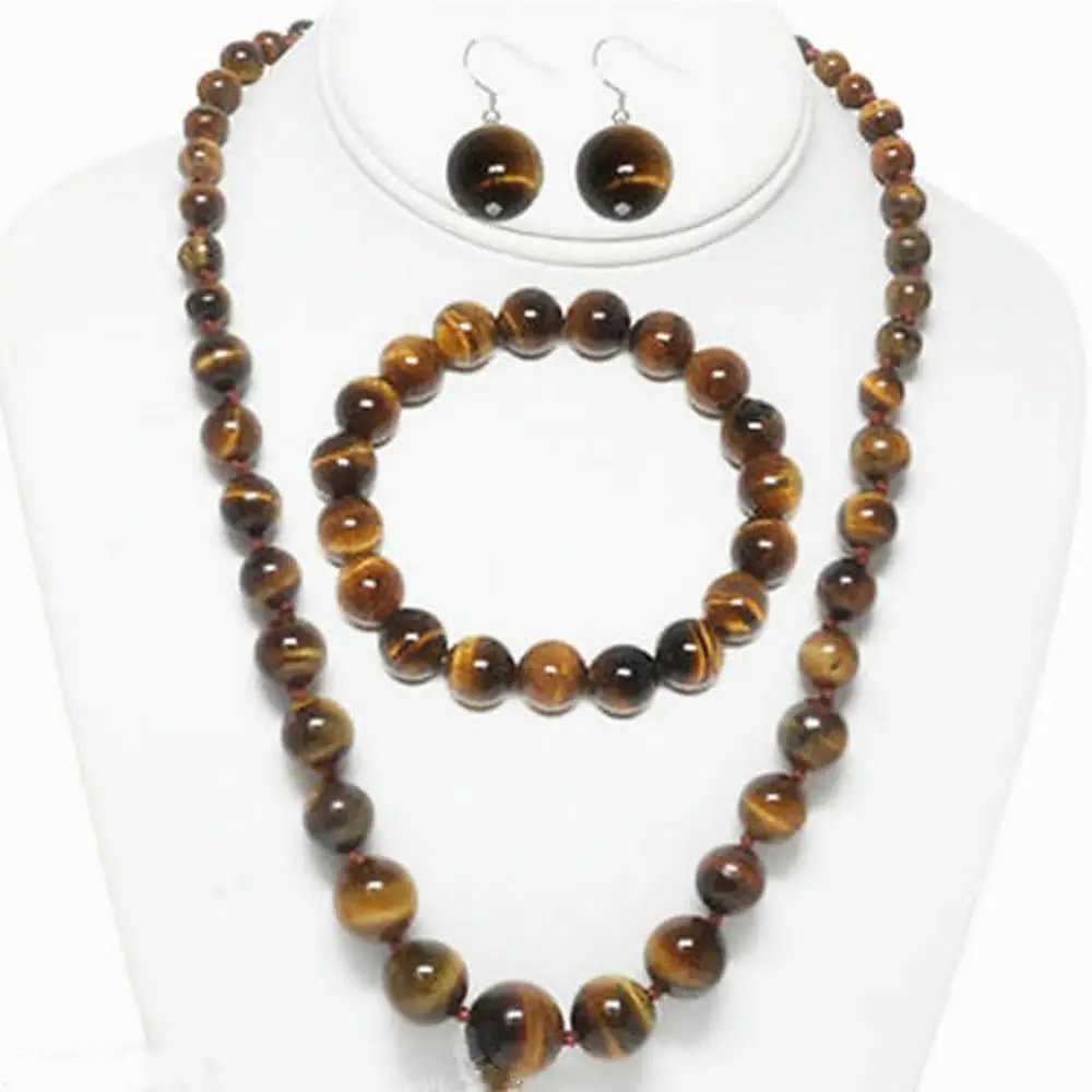 

6-14MM GENUINE TIGER EYE GEMS ROUND NECKLACE 18" BRACELET EARRINGS SET