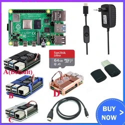 Original Raspberry Pi 4 Model B Kit + Aluminum Case + Heat Sink + 3A Switch Power +  HDMI-compatible Option 64 32GB Card |Reader