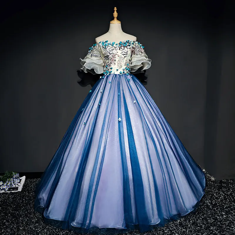 New evening dress one shoulder puff sleeve stage solo costume Singer blue stage show dresses