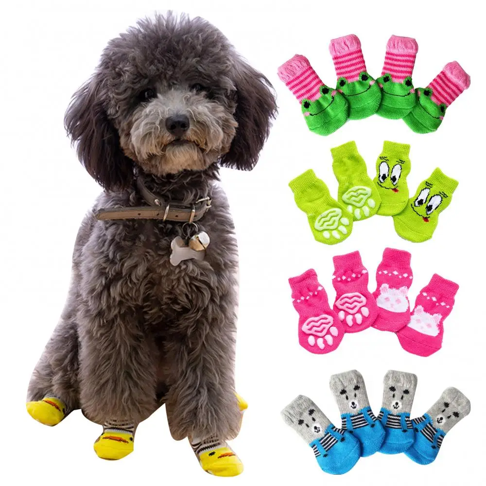 4Pcs Cats Dogs Cotton Soft Warm Anti-Slip Cute Cartoon Pattern Socks Shoes Small Medium Dogs Pet Supplies