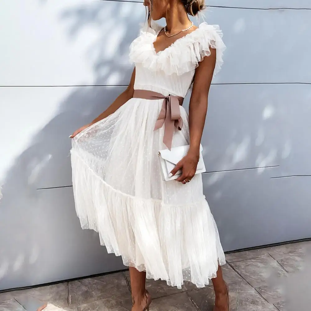 Elegant Off Shoulder Backless Party Sundress Women Elegant V Neck Ruffle Sleeveless Dress Summer Lace Mesh Spliced Long Dresses