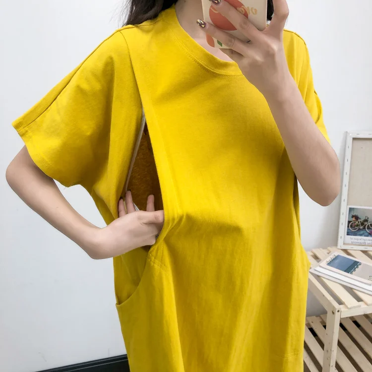 

Feature Pocket Decoration Long T-shirt Dress Maternity For Feeding Loose Casual Summer Top Breastfeeding Dress Pregnant Clothes