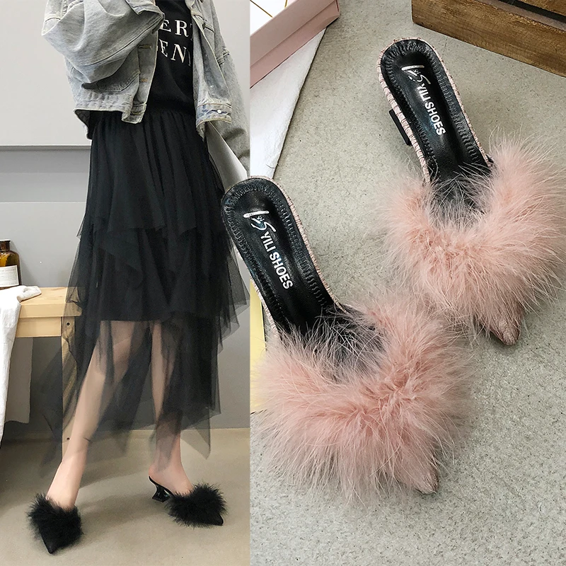 2020 new women\'s set toe-shaped non-slip high heels fashion rubber bottom elastic cloth summer shallow fur shoes