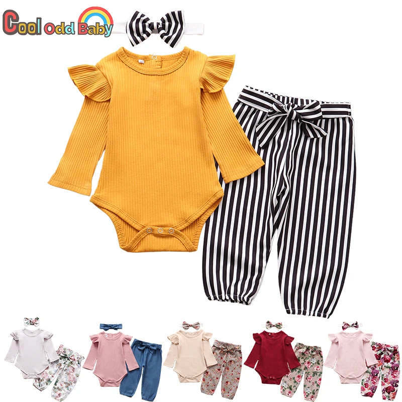 Set di vestiti per neonata moda autunno Toddler Outfit tinta unita pagliaccetto pantaloni fascia per capelli Little New born Infant Clothing