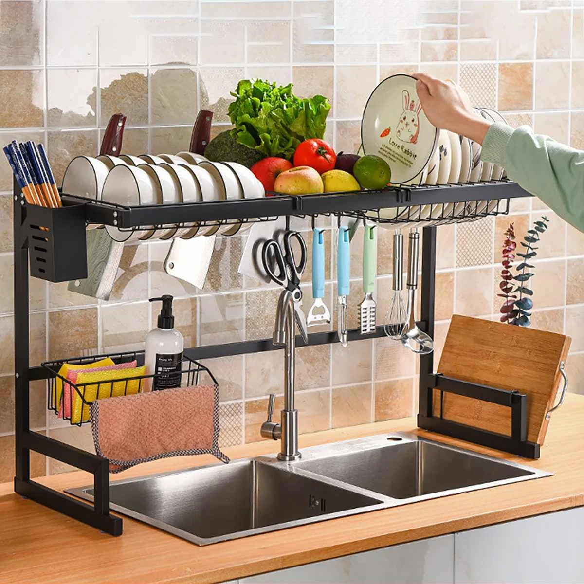

Double-layer Kitchen Sink Dish Rack Stainless Steel Bowl Draining Storage Shelf with Hooks Tableware Organizer Tray Box Basket