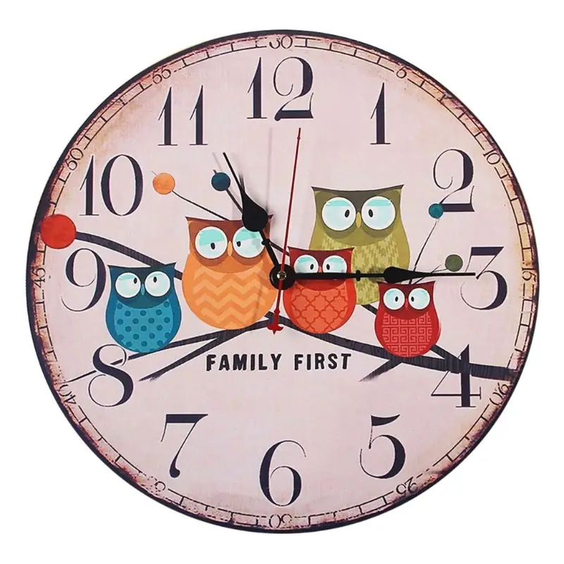 Retro Wooden Wall Clock Owl Rooster Vintage Rustic Non-Ticking Silent Quiet Home Office Kitchen Nursery Living Room Bedroom Deco