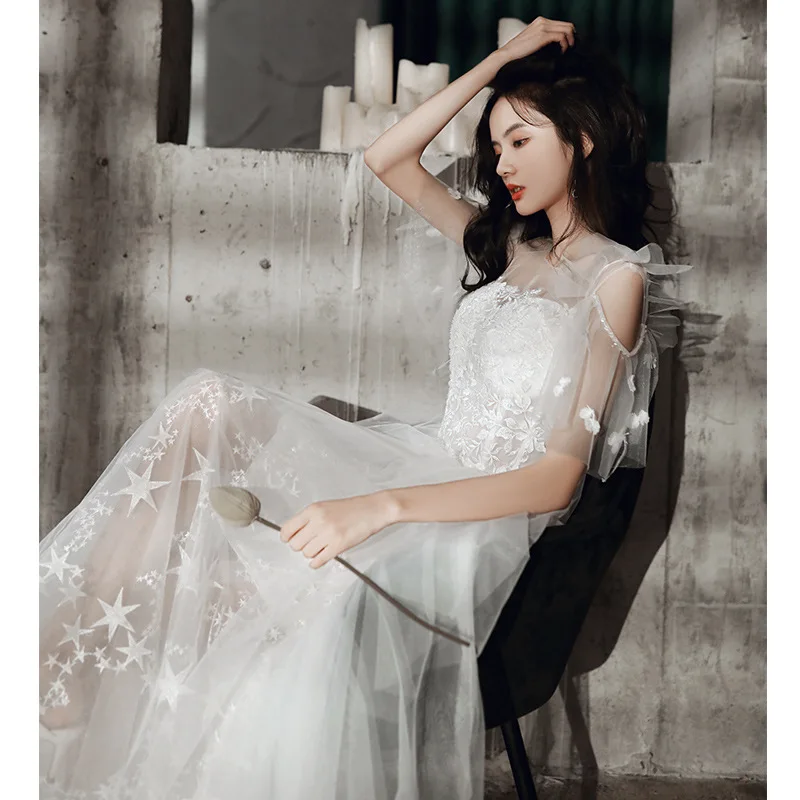 Hot Sell Sweet Fairy Dress Long White Elegant Dress Novelty Luxury Floor-length Mesh Sexy Backless Dress