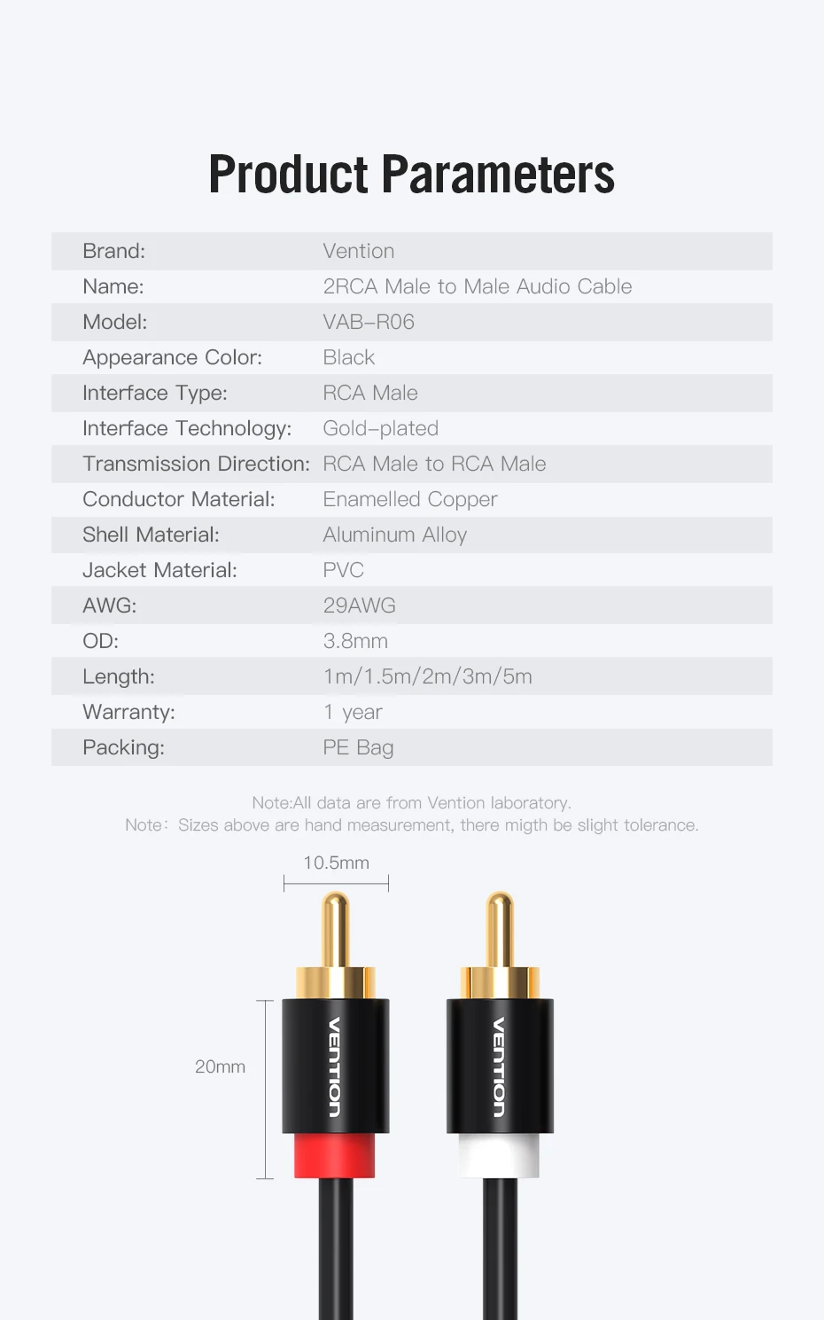 Vention 2 RCA auf 2 RCA-Kabel Stecker auf Stecker Audiokabel für Heimkino DVD-Verstärker TV 1 m 2 m 3 m 5 m Kabel RCA vergoldet Cabo – Detail 14