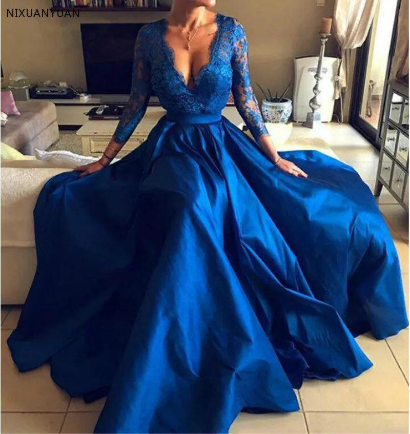 2021 Royal Blue Plus Size Party Jurken Sexy V-hals Lace Lange Mouwen Voorkant Split Formele Avondjurken Lange Abendkleider