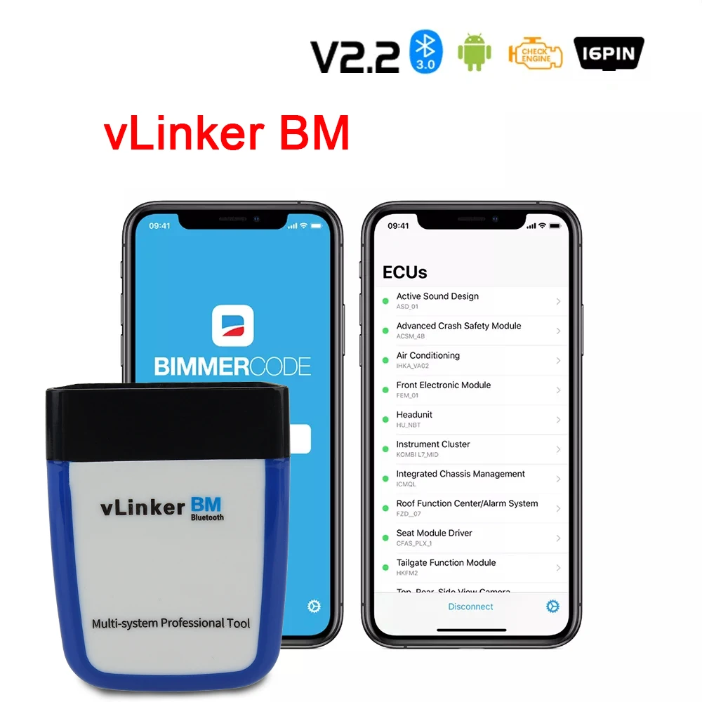 vLinker BM ELM327 V2.2 Car OBD2 Scanner Diagnostic Tools Bluetooth Code Reader Accessories For BMW F30 F10 F20 F11 X5 Serie 1 3