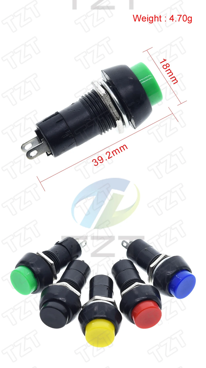 TZT 1 Packung = 5 Stück PBS-11B 2PIN 12mm Selbstverriegelnder EIN/AUS-Druckknopfschalter 3A 150V Schwarz Blau Rot Grün Gelb – Detail 2