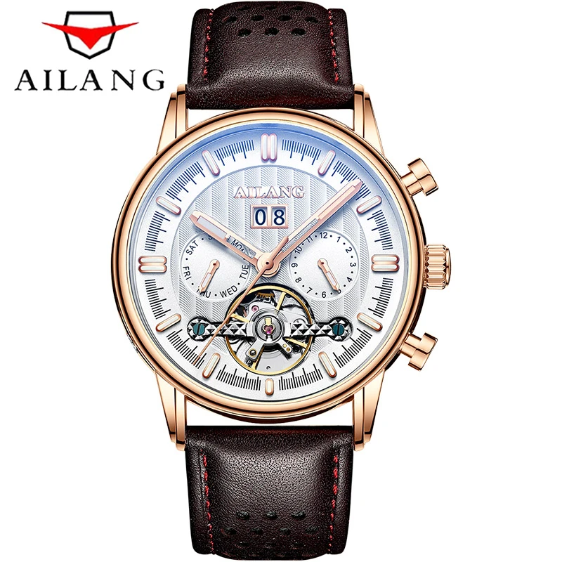 AILANG 2022 Fashion New Business Tourbillon Men Wristwatches Luminous Waterproof Rose Gold Case Leather Men Mechanical Watch 201