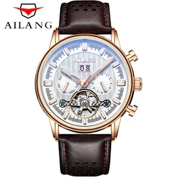 AILANG – montre-bracelet étanche pour hommes, nouvelle mode Business, Tourbillon lumineux, boîtier or Rose, cuir, mécanique, 2022, 201