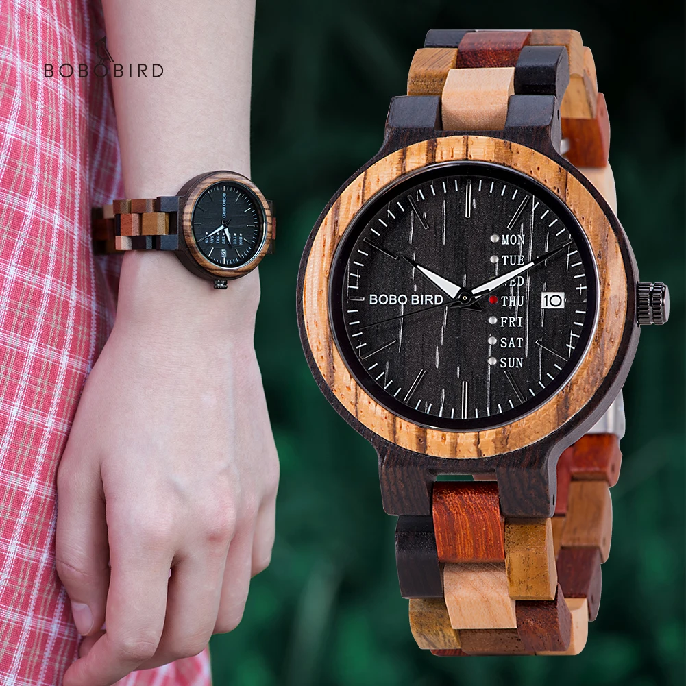 BOBO BIRD Couple Watch Colorful Wooden Strap Watch for Women Week Date Display Quartz Wood Wristwatch for Men Women reloj mujer