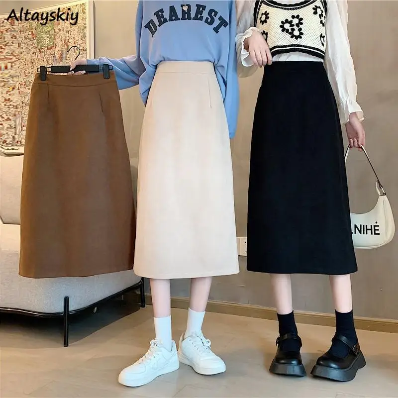 Calf-length Skirts Woolen Cozy Autumn All-match High Waist Behind-slit Body-con A-line Fashion Elegant Ladies Simple New Popular