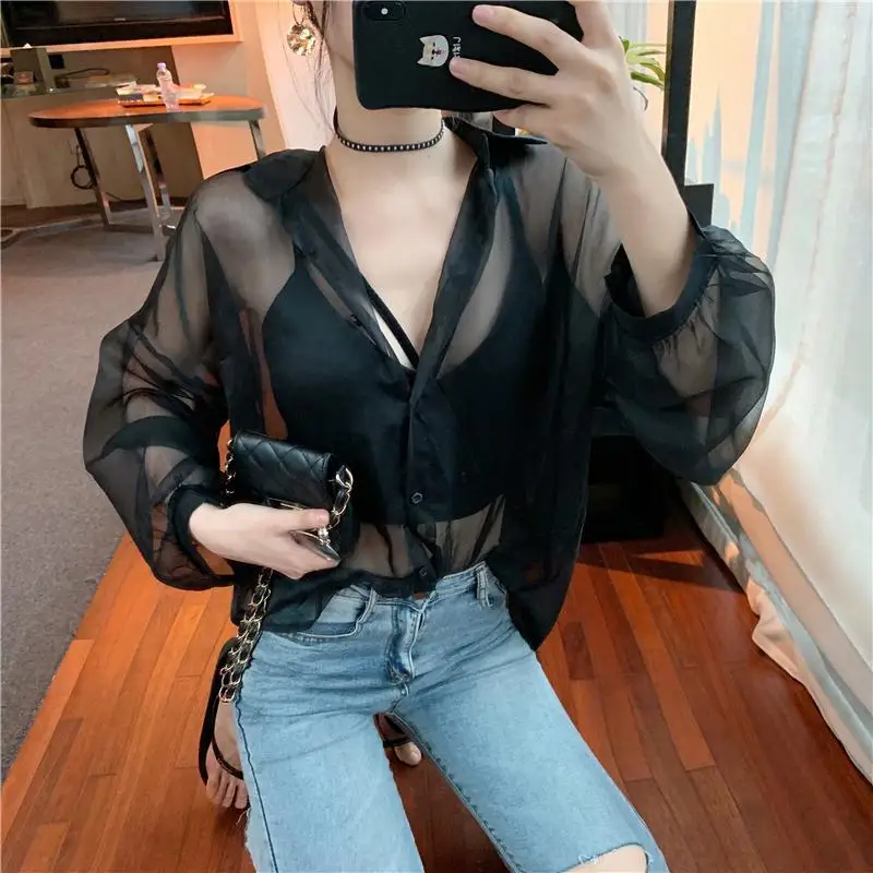 Blouse Women Women's Clothing Summer Sexy Chiffon Perspective Shirt Coat Female Blusas Ropa De Mujer