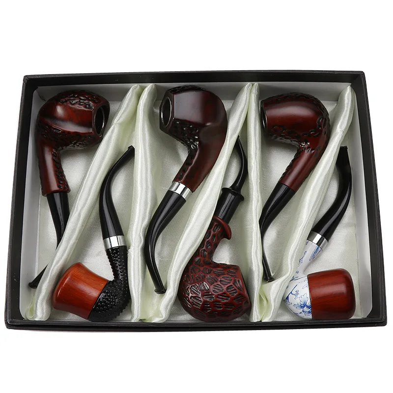 

6 Pcs/Set Classic Style Wood Tobacco Cigar Cigarette Smoking Pipe Tobacco Hand Pipes Gift for Grandfather Boy Friend Father