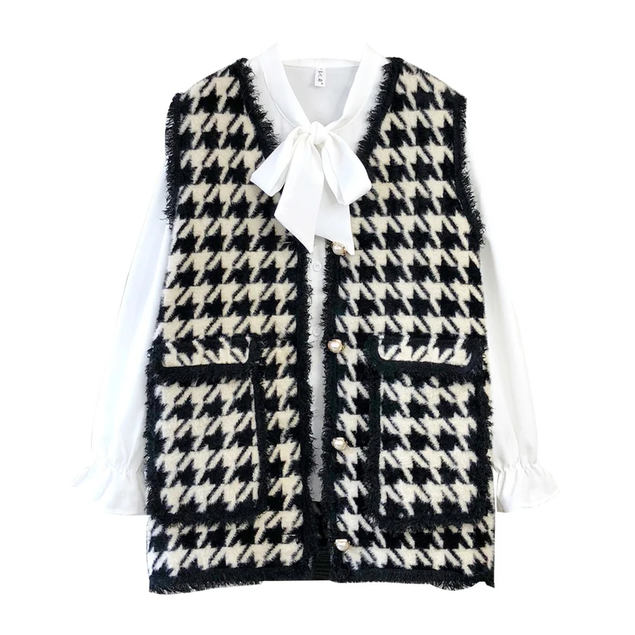 

High Quality Houndstooth Faux Mink Fur Women Spring Autumn Single-Breasted Waistcoat Knitted Vest Sleeveless Jacket