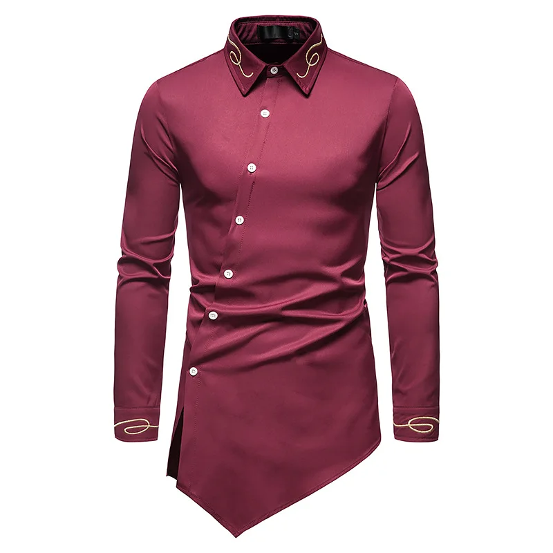 

2021 Spring Summer New Men's Lapel Slant Placket Long Sleeve Slim Fit Shirt Clothing Red Black Dress