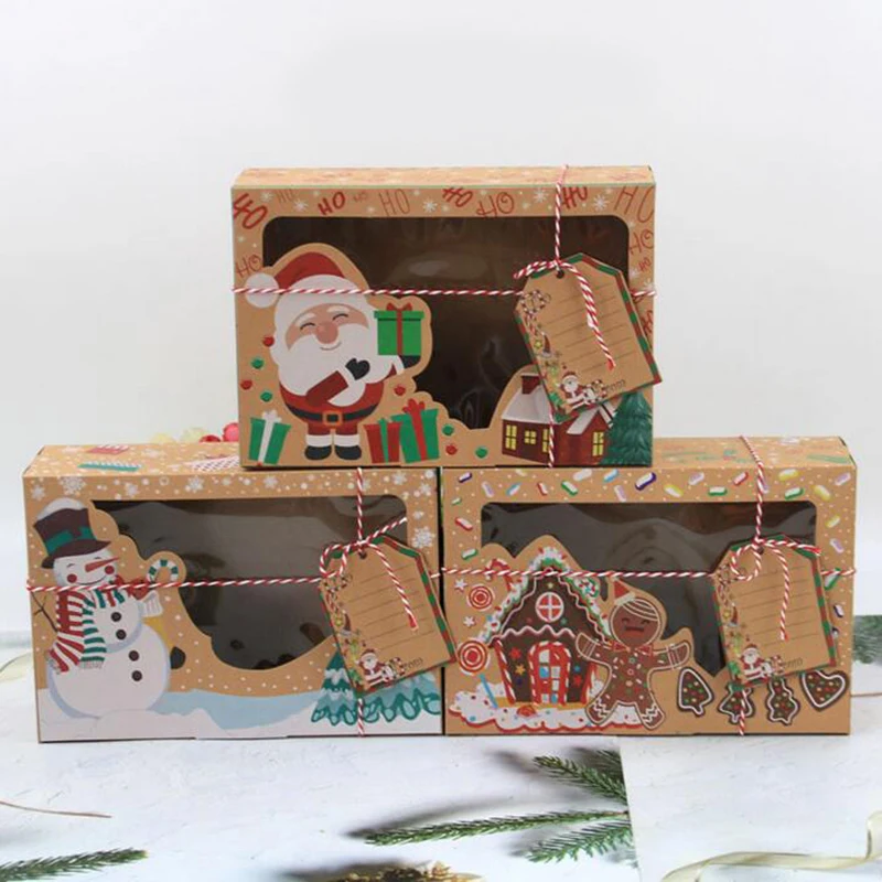 3/6/12pcs Christmas Cookie Boxes Bakery Gift Boxes European Kraft Paper Box New Year Favors Large Candy Box Party Decoration