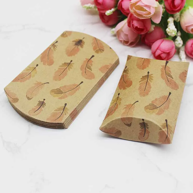 12/50pcs Beautiful Flower Pattern Pillow Shape Paper & Kraft Wedding Candy & Birthday Gift Storage Box Size 20X55X80mm