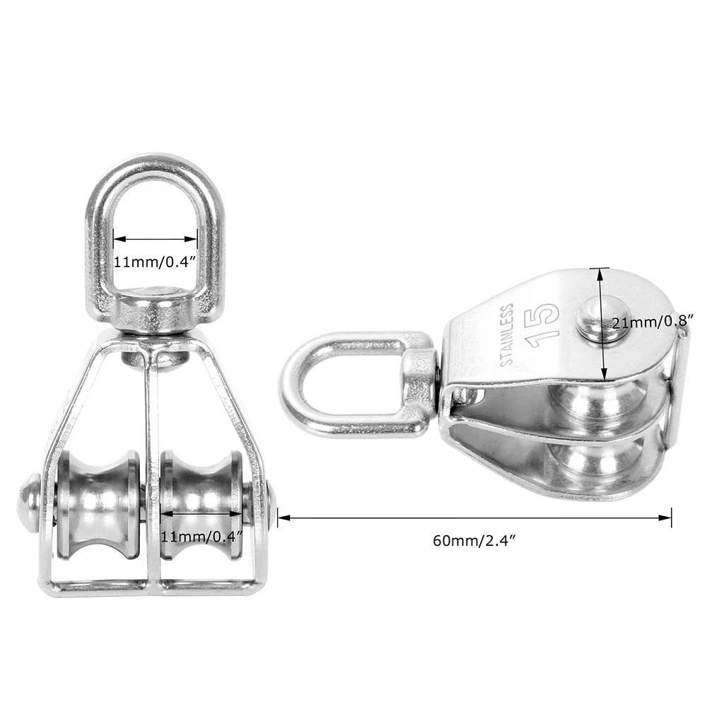 1 Pack M15 Lifting Double Pulley Block Stainless Steel Heavy Duty Crane Swivel Hook Double Pulley Roller