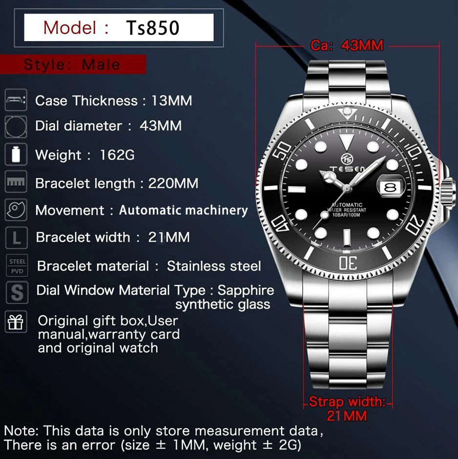 Imagem -05 - Relógio Mecânico Automático Tesen 2023 Relógio Masculino de Aço Inoxidável Safira de 43 mm à Prova Dágua