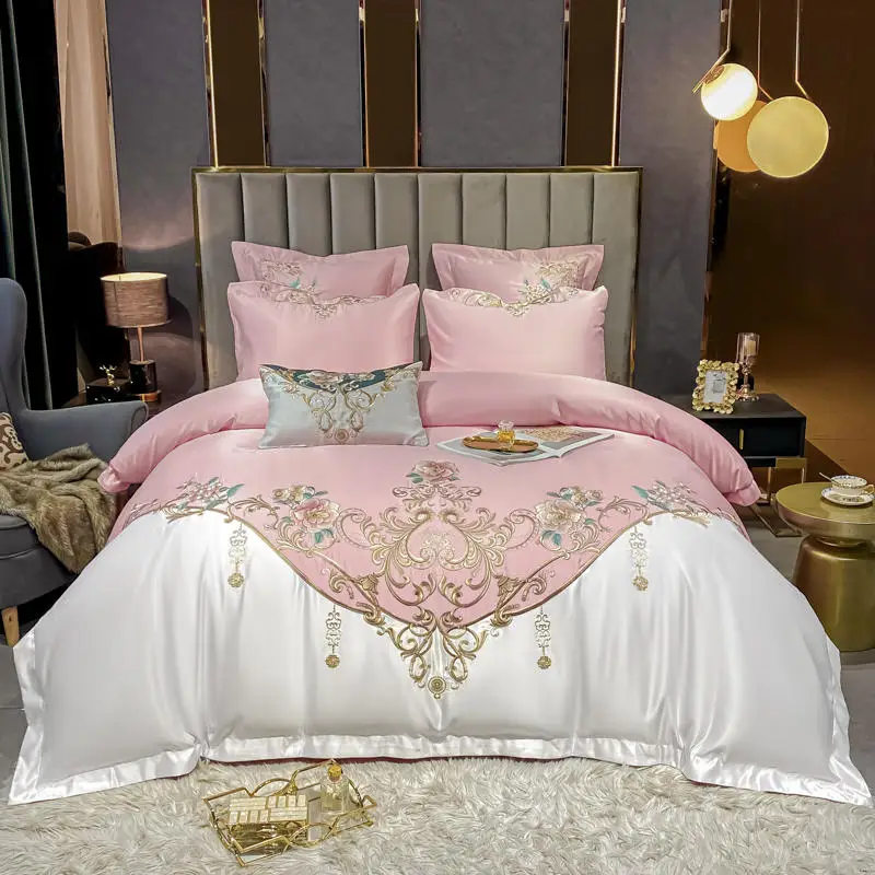 

Flowers Embroidery Bedding Sets Luxury Pink White Patchwork Satin Cotton Duvet Cover Flat Fitted Bed Sheet Pillowcases