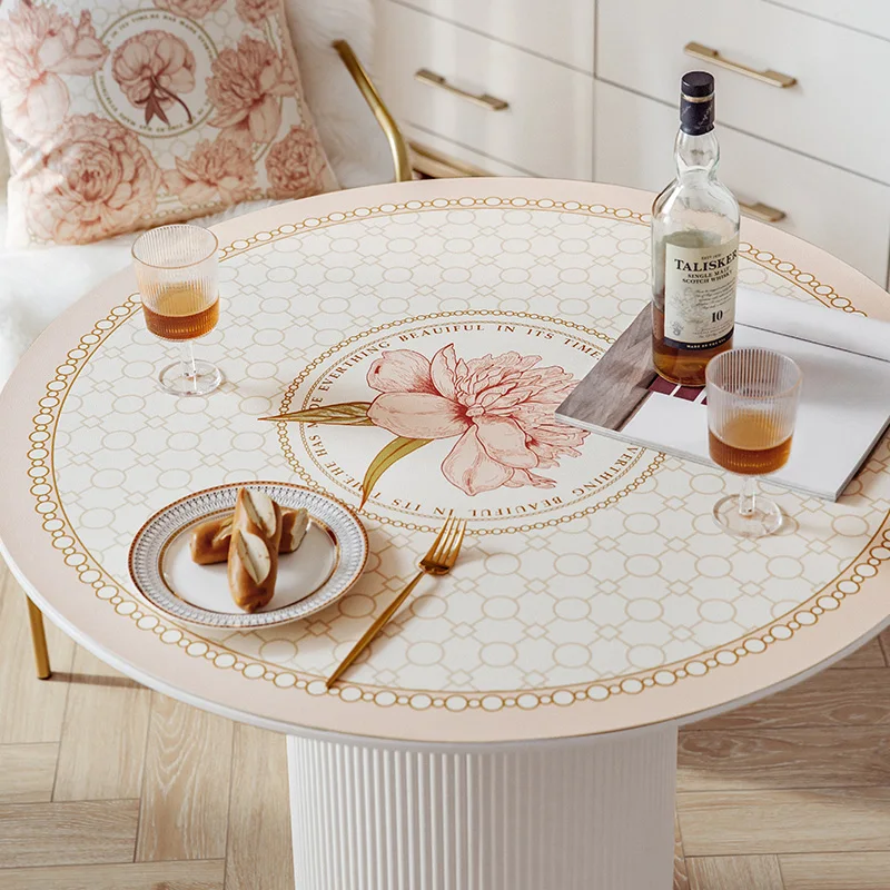 Flower American Light Luxury Round Leather Table Mat Round Tablecloth Waterproof Oil-proof Wash-free And Anti-scalding Household