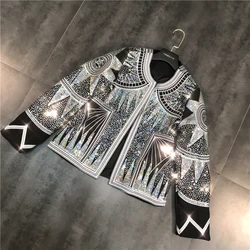 Kobiety Shiny Jacket 2022 srebrne cekiny geometryczne kurtki-pilotki O Neck narodowość Embroid Coat codzienna odzież wierzchnia odzież damska