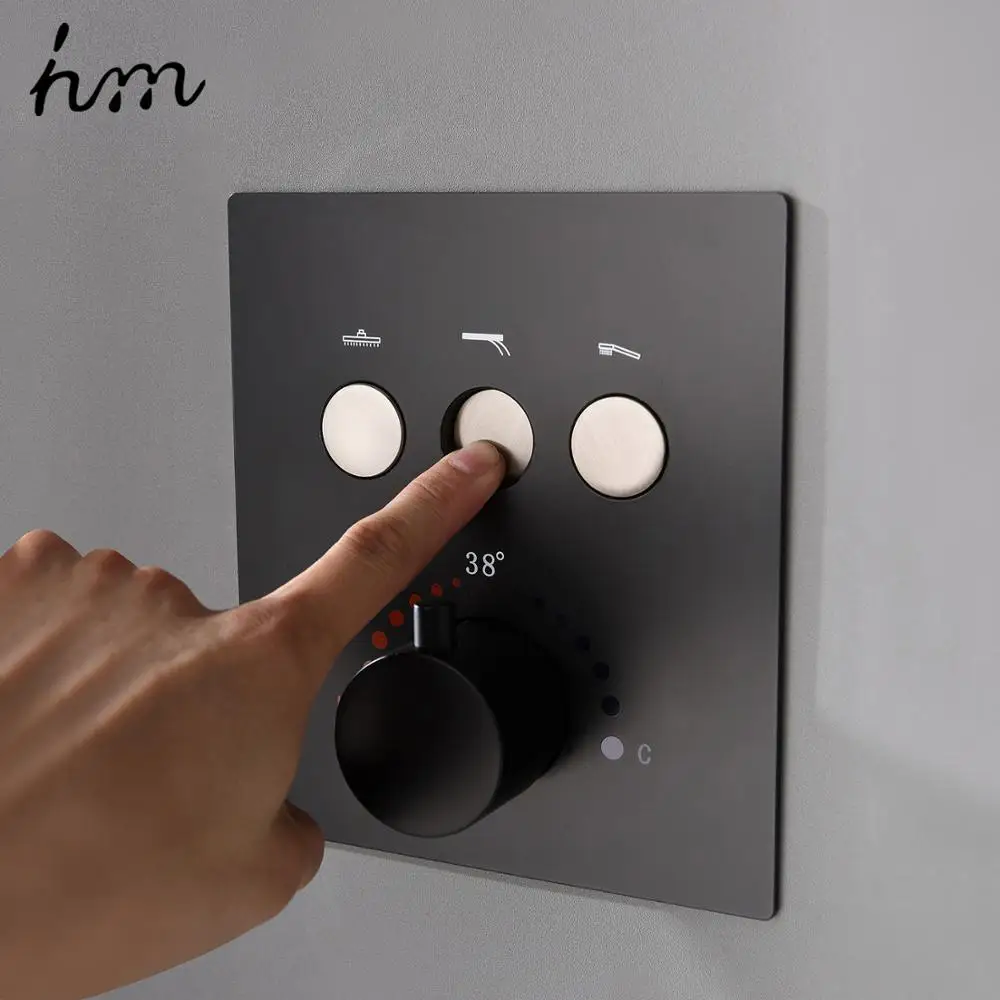 hm Black Thermostatic Shower Diverter Valve Push Touch Button Faucet Switch 3 Functions Concealed Mixer Brass Tap Controller