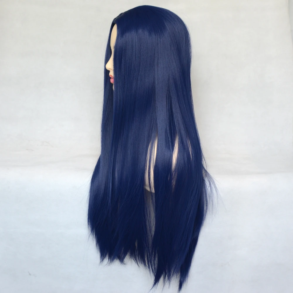 Voguequeen Dark Blue Straight Synthetic Wigs Full Machine Made Wigs Heat Resistant Fiber Cosplay For Women