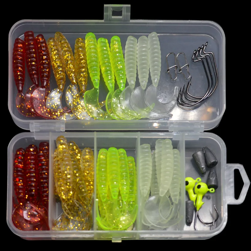 Fishing Lure Kit Soft Worm Bait Jig Head Worm Hook Weight Lead Sinker Single Tail Grub 31 Pieces Suit For Texas Rig