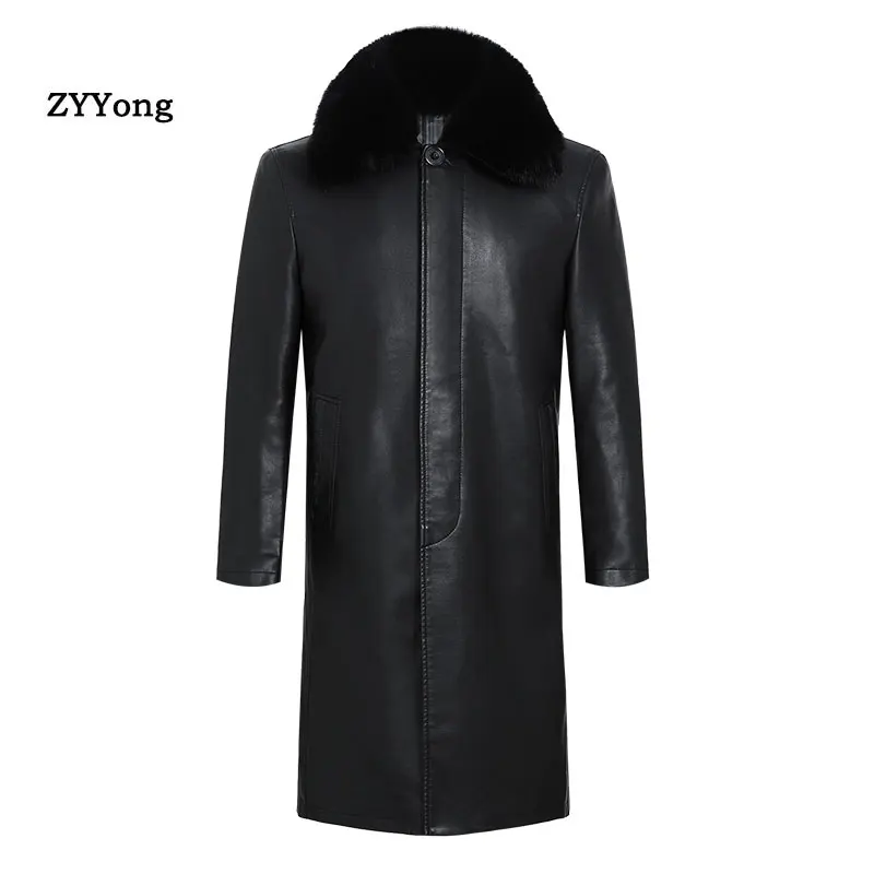 2020 New Winter Mens Casual Plus Velvet Long Sleeve PU Leather Overcoat Tops Zipper Black Outwear Jacket Size M-4XL