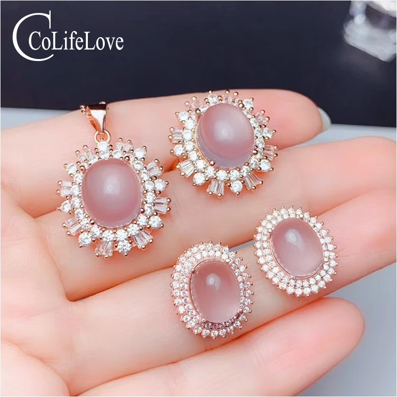 CoLife Jewelry Silver Gemstone Jewelry Set for Party 4 Pieces Natural Rose Quartz Jewelry 925 Silver Ring Earrings Pendant Set