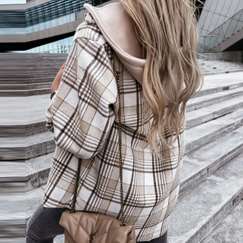 Chaqueta con capucha para Mujer, rebeca con estampado a cuadros Vintage, Tops con botones y una botonadura, ropa de abrigo suelta de manga larga para otoño