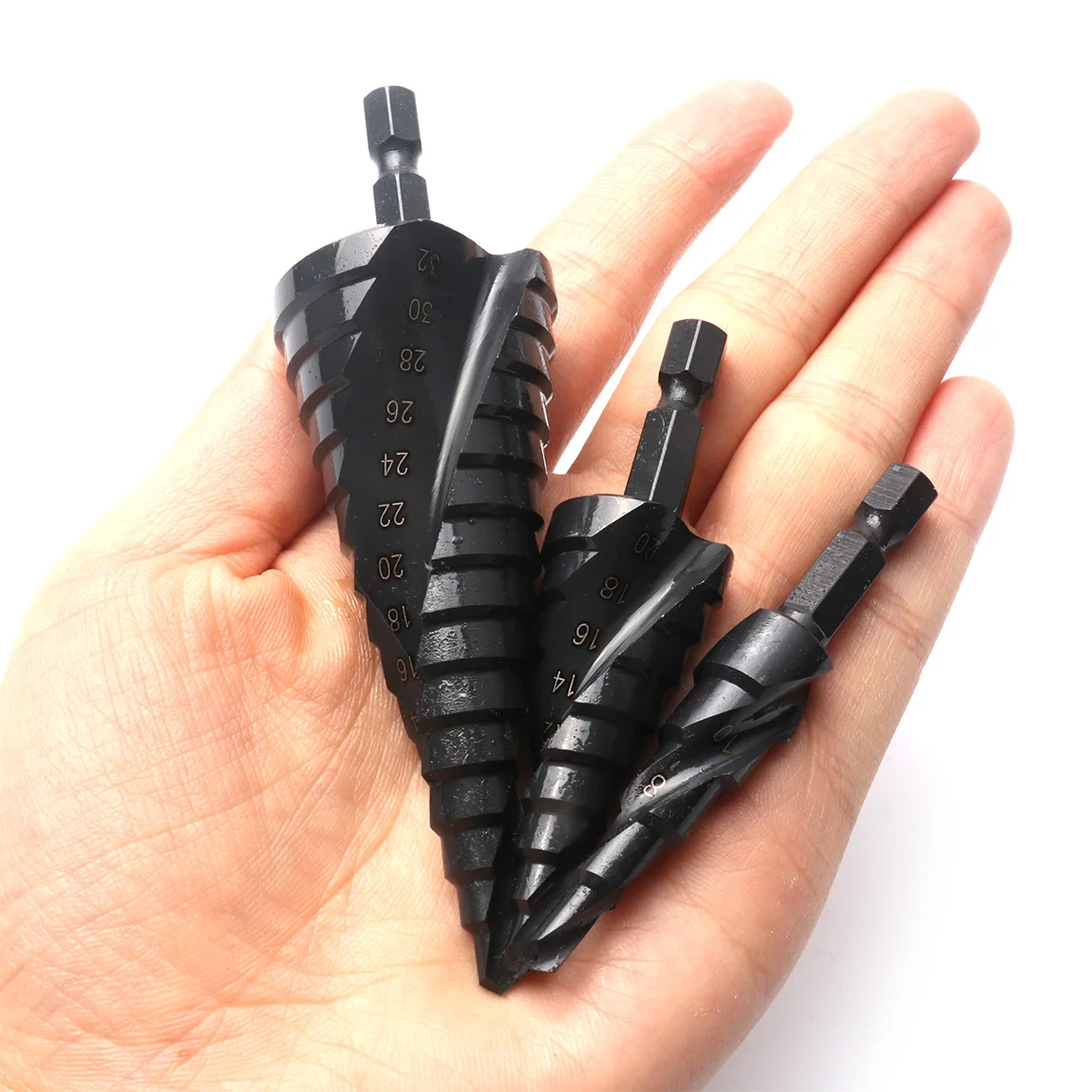 3pc 4-12mm 4-20mm 4-32mm HSS Step Drill Bit Set Black Spiral Groove Step Drilli Bit Nitrogen Coated Metal Hole Cutter Core Drill